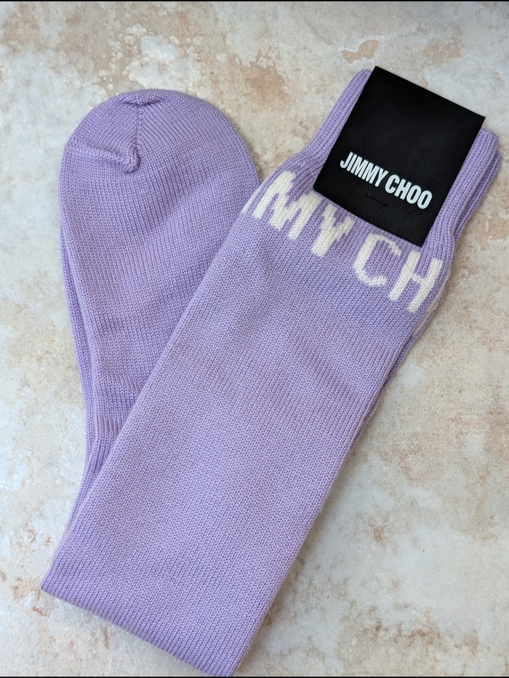 Jimmy Choo Intarsia Lavender Knit Crew Socks with White Logo NWT - Picture 2 of 4